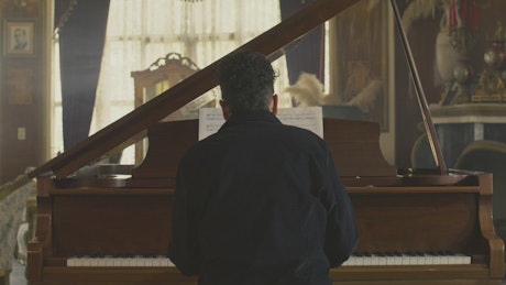 Back view of a pianist playing a grand piano