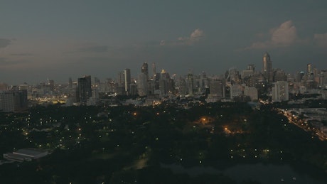 Bangkok skyline at dusk.