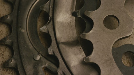 Bicycle metal gears rotating, close up.