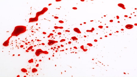 Blood droplets fall onto a white surface.
