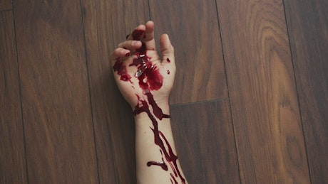 血腥的手掉在地板上，被拖走了