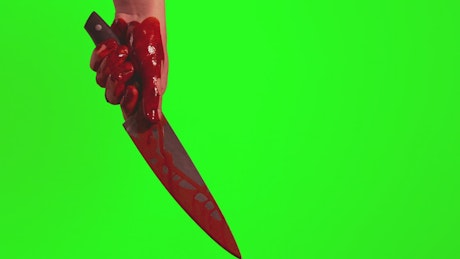 Bloody hand holding a long knife in front of a green screen.