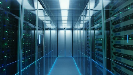Bluish data center hallway.