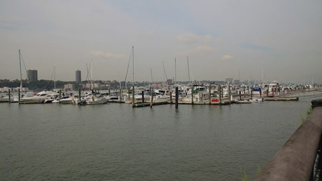 Boats docked in a harbor.