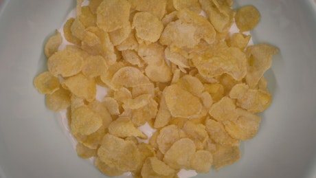 Bowl of milk and corn flake cereal.