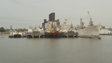 Cargo ships in a New York Harbor.