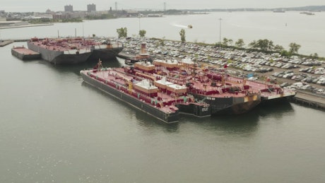Cargo ships in the dock, aerial view