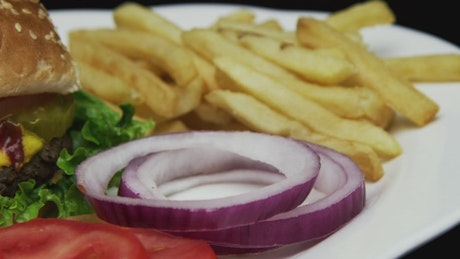 Cheeseburger with onion salad and fries