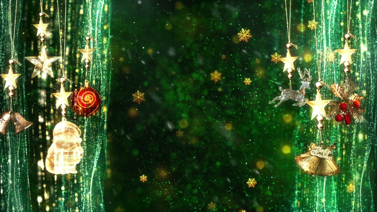 Christmas decorations on green background with golden snowflakes - Free  Stock Video