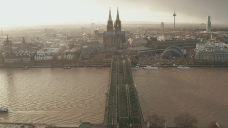 City from above with a bridge and a cathedral