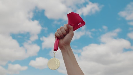 Close up of a hand holding a medal high in the air.