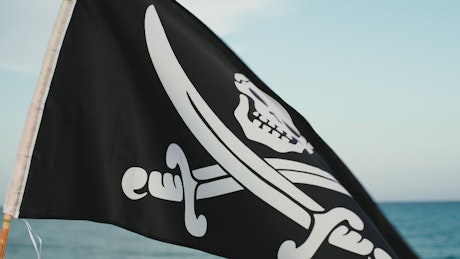 Close up of a pirate flag waving in the wind.