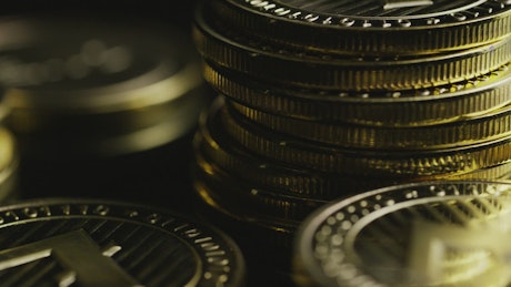 close up of a stack of bitcoins rotating