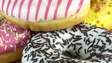 Close up of decorated donuts with sprinkles.