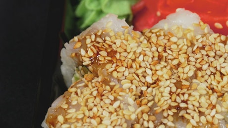 Close up of sushi in rotation.