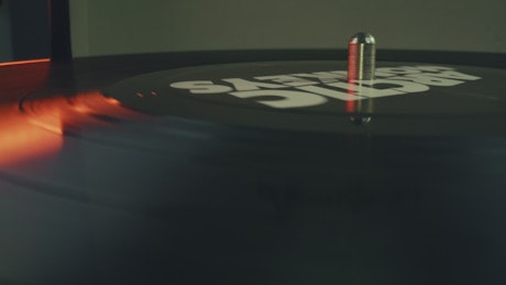 Close up view of a rotating vinyl record