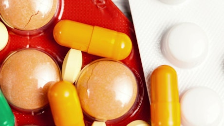 Closeup of prescription pharmacy pills.