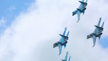 Combat airplanes do acrobatics in the sky