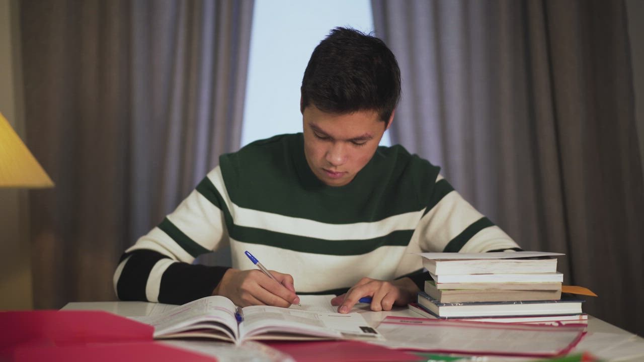 Concentrated boy studying at home - Free Stock Video