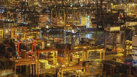 Containerport working and illuminated at night