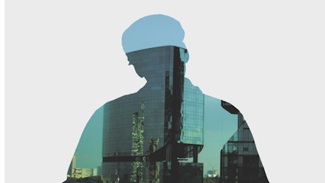 Corporate buildings and a man