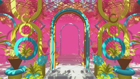Corridor with arches and colored figures, 3D.