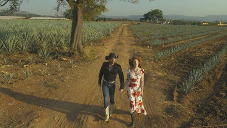Couple walking hand in hand through a ranch.