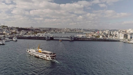 Cruise ship sailing near Istanbul city.