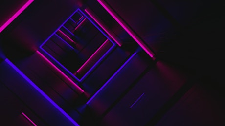 Cyberpunk square tunnel with neon lights.