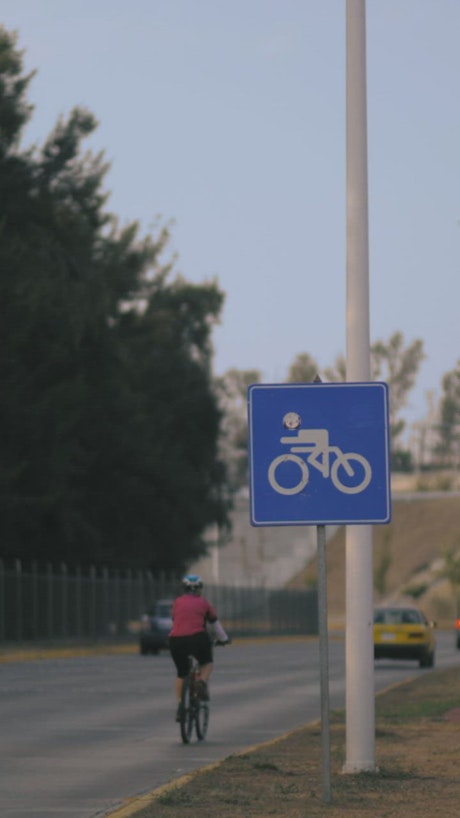 Cyclist sign next to a road, vertical shot.