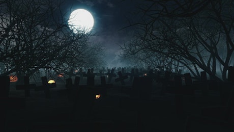 Dark and creepy graveyard full of crosses.