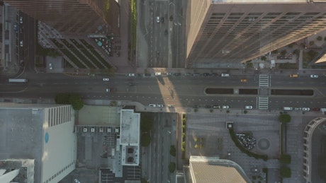 Downtown Los Angeles with low traffic, aerial