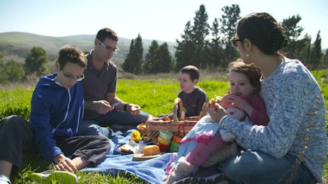 Family having a picnic in the countryside.