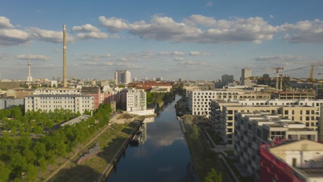 Fast flight over a canal through Berlin