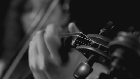 Female fiddler playing in black and white.