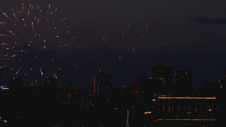 Fireworks iluminate the city night.