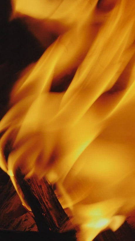Flame burning wood in the dark.