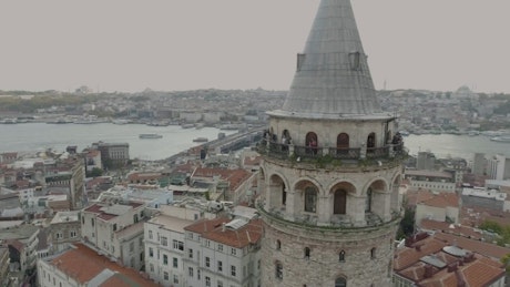 Flying over the city of Istanbul around the Galata tower.