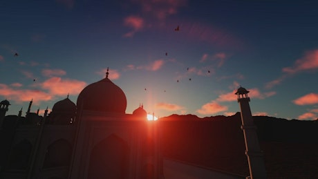 Flying over the Taj Mahal towards the sunset.