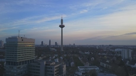Frankfurt city skyline in the morning, aerial view.