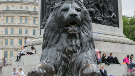 Giant lion statue in Trafalgar Square in London.