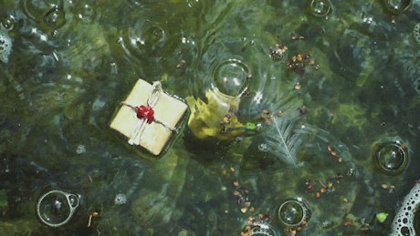 Gift wrapped floating in the water of a lake