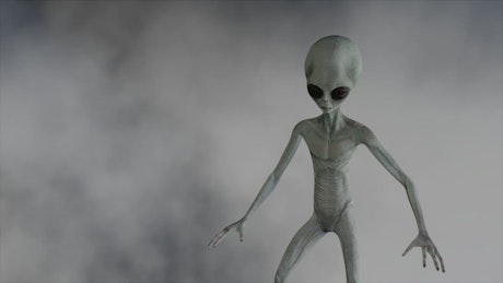 Grey alien with large black eyes standing on a smoking background.