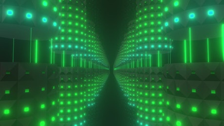 Hallway rows of rotating cylinders with green lights