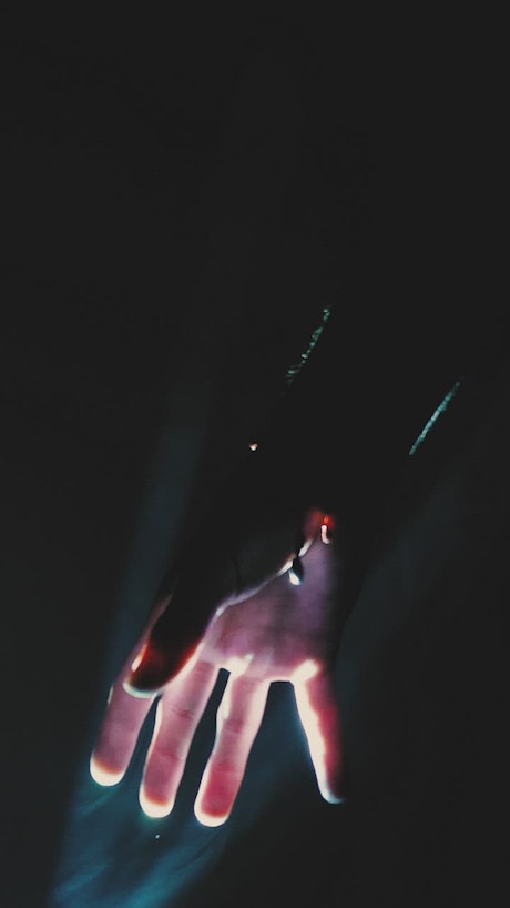 Hand of a person illuminated in the dark.