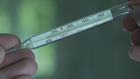 Hands holding thermometer.