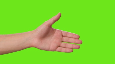 Hands of two people shaking hands on a green background.