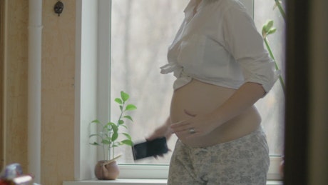 Happy pregnant woman by the window.