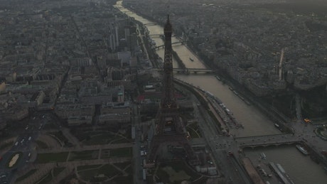 High view of the Eiffel Tower and the Seine river.