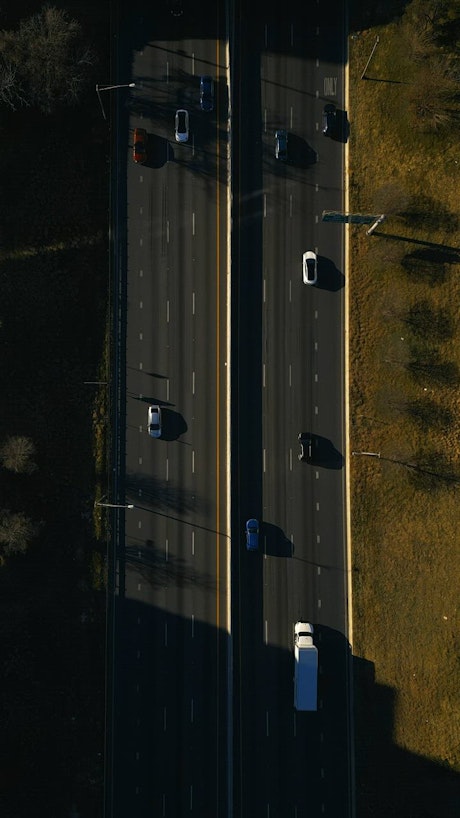 Highway and roads from an overhead aerial perspective.